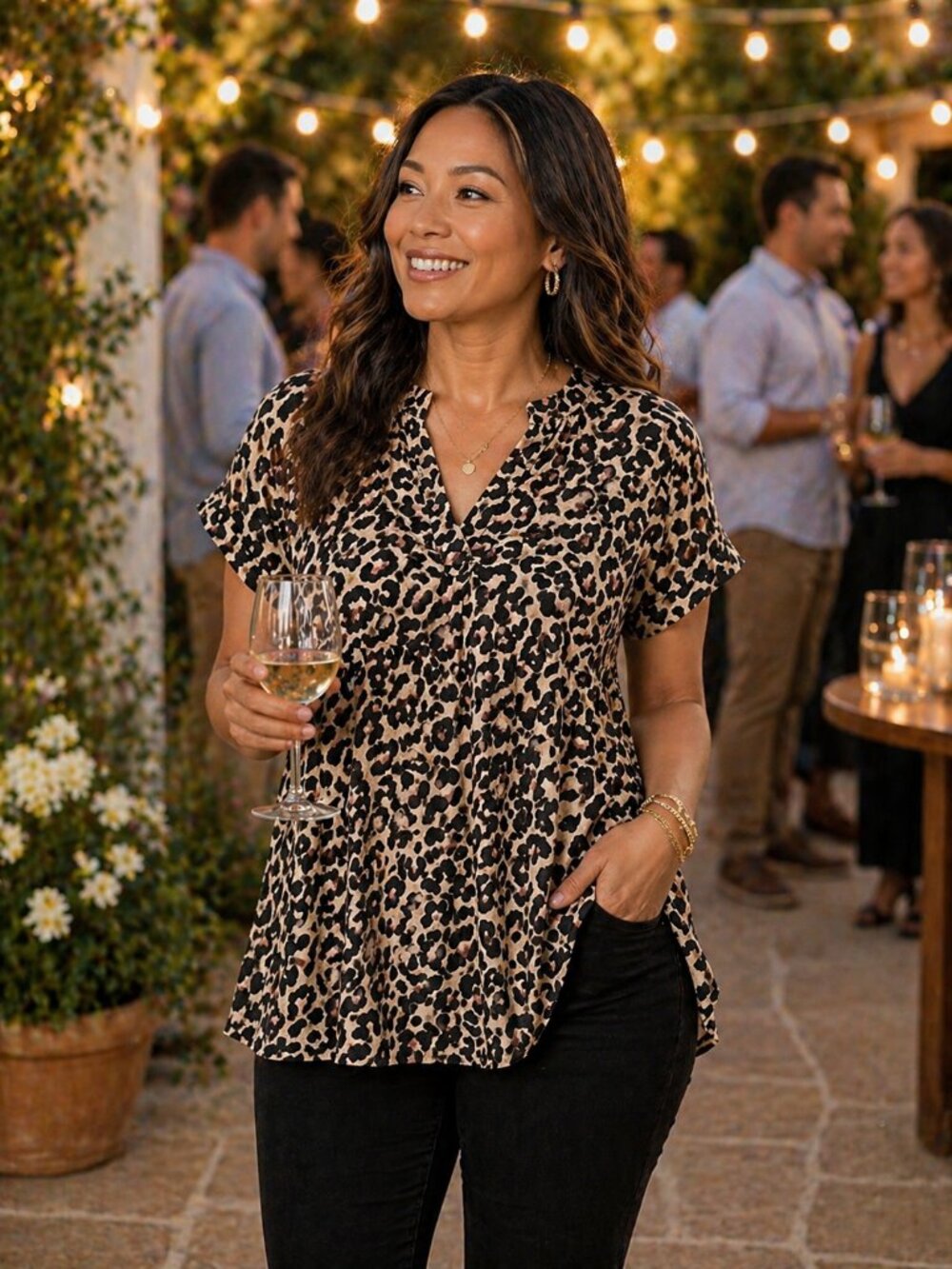 LIA women's ruffled sleeve, animal print shirt